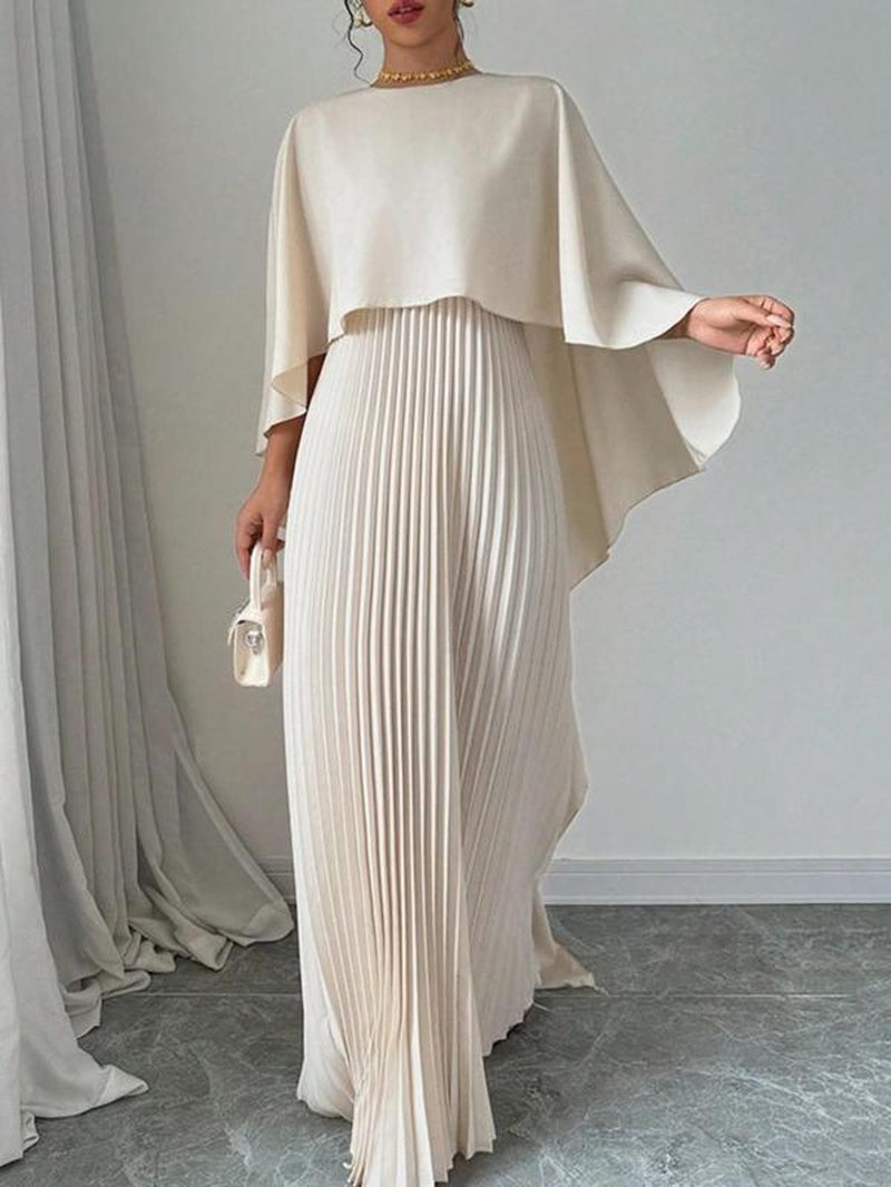 Women'S Plain Pleated Cloak Sleeve Maxi Dress, Elegant round Neck Dress for Party Holiday Wedding Guest, Ladies Spring & Fall Clothes， Valentine'S Day Gift for Girl