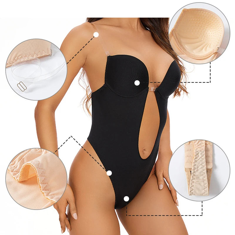 Invisible Bodysuit Women Thong Shaper Body Shapewear Sexy Deep V-Neck Backless Corset Plunge Padded Push up Slimming Underwear