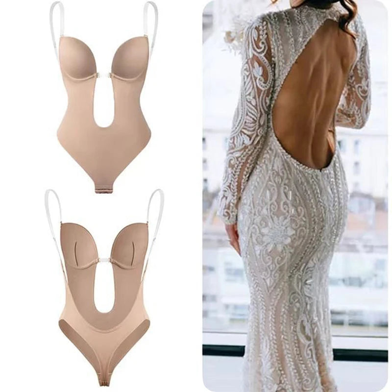 Invisible Bodysuit Women Thong Shaper Body Shapewear Sexy Deep V-Neck Backless Corset Plunge Padded Push up Slimming Underwear