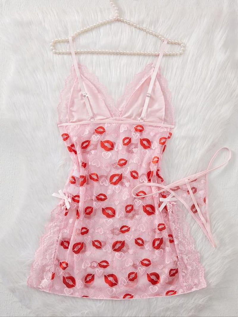 Women'S Lip Print Lace Trim Cami Nightdress & Thong Sexy Lingerie Set, Comfy Breathable Nightgown & Panty Set, Women'S Sleepwear & Loungewear Set Valentine'S Day, Gift