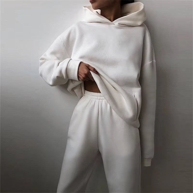 Women'S Tracksuit Suit Autumn Fashion Warm Hoodie Sweatshirts Two Pieces Oversized Solid Casual Hoody Pullovers Long Pant Sets