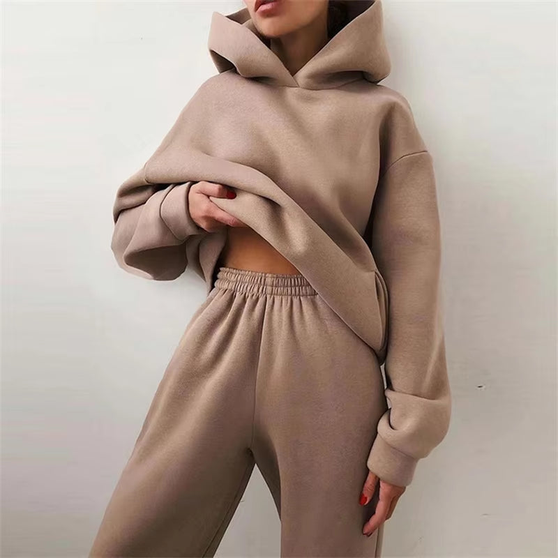 Women'S Tracksuit Suit Autumn Fashion Warm Hoodie Sweatshirts Two Pieces Oversized Solid Casual Hoody Pullovers Long Pant Sets